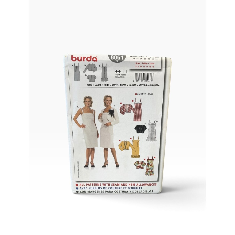 Burda Sewing Pattern 8061 Dress Jacket Top Bolero Women US 6-18 White Easy Uncut